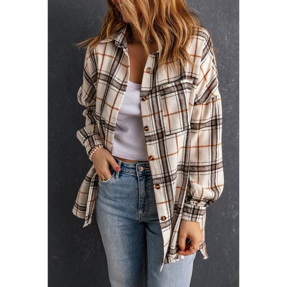 Azura Exchange  White Oversized Plaid Pattern Shacket with Slits - Picture 4 of 15